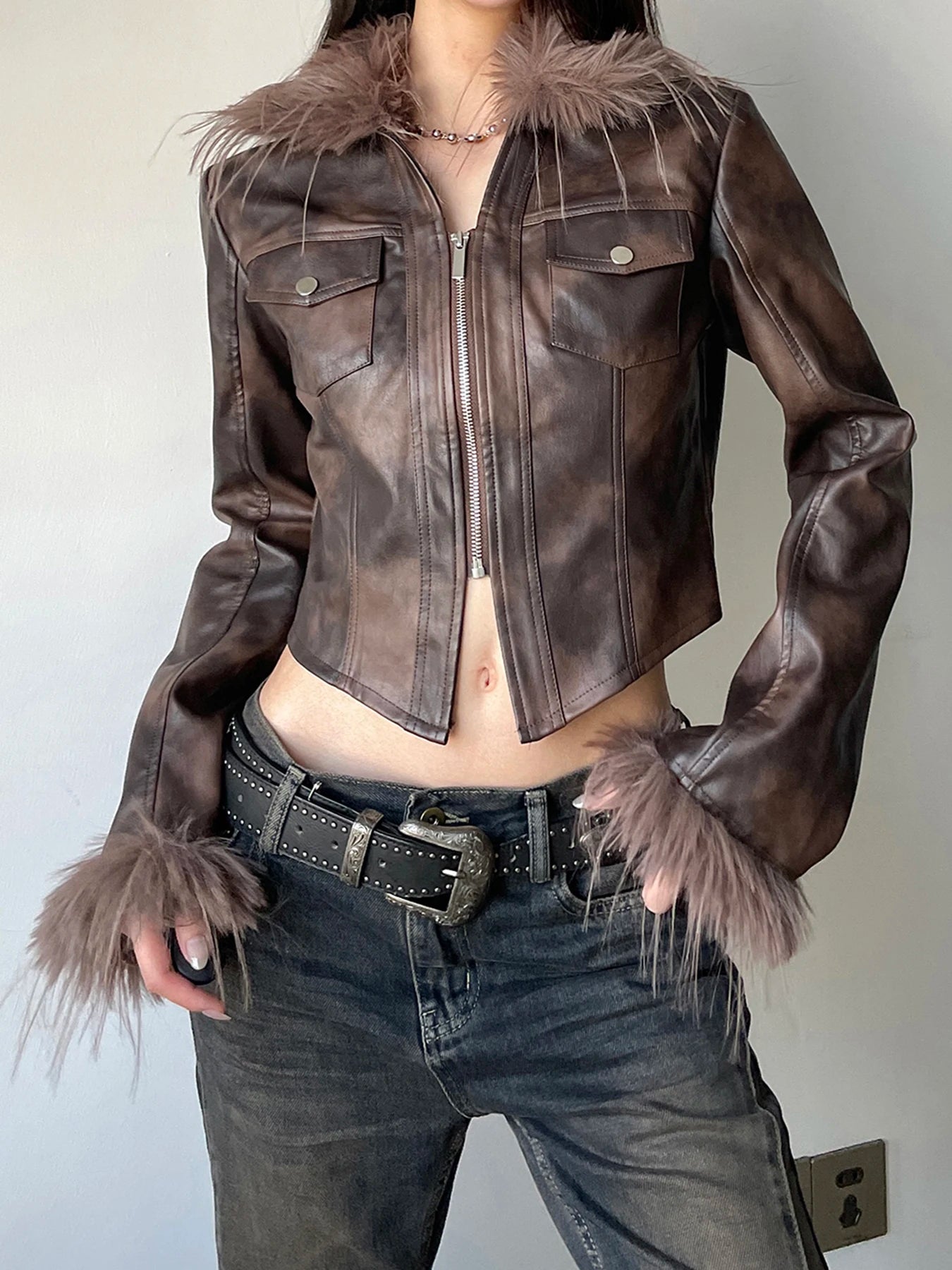 Hnewly winter club outfits Streetwear Faux Collar Women Moto Style Jackets Autumn Long Sleeve Fashion Chic Design Short Leather Coat