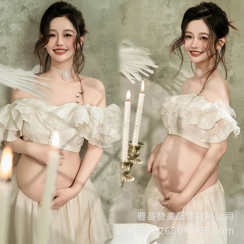 Hnewly  Women Ruffles Tube Top with A-line Skirt 2pcs Set for Photography Shooting Elegant Photo Clothing Maternity Pregant Photo Shoot
