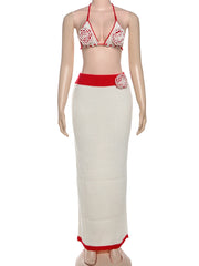 Hnewly  Cutenew Appliques Embroidery Women 2 Piece Set Summer Knitted Vacation Outfits Sexy Halter Bandage Camis+Panelled Maxi Skirts