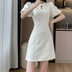 Hnewly  Spring Summer Dresses Woman Chinese Style Vintage Elegant Mini Dress A-line Fashion Short Sleeve Vestidos Mujer