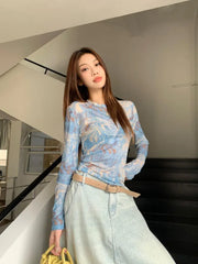 Hnewly  Vintage Tie Dye Printed O-neck Slim Fit Tee Shirt Y2k Thin Mesh Long Sleeved T-shirts Summer New Chic Top for Women