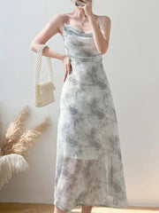 Hnewly  Summer Party Midi Elegant Dress Women Strap Sexy Design High Wasit Vintage Casual Dress Sleeveless Chiffon Sweet Dress