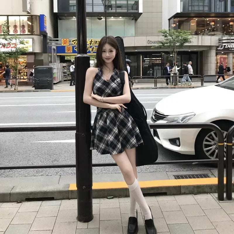 Hnewly V-neck Plaid Mini Dress Women Vintage Streetwear Summer A-line Pleated Vestidos New Design Flattering Waist Harajuku Fashion