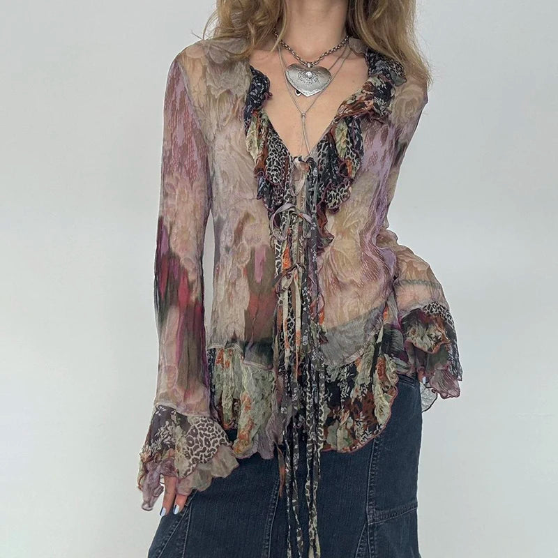 Hnewly Vintage Transparent Crop Top with Slit 90s Mesh Print Ruffles Patchwork Full Sleeve Bandage Women T-shirt Grunge y2k Tees