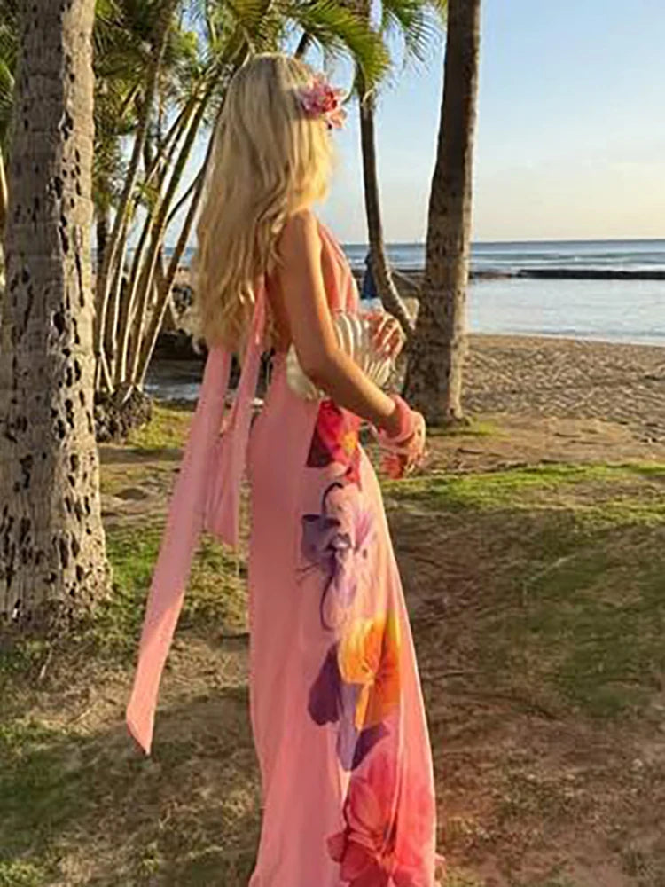 Hnewly Flower Print Dress Women Backless Sleeveless Lace-Up Tassel Halter Folds Patchwork Beach Vacation Party Vestidos