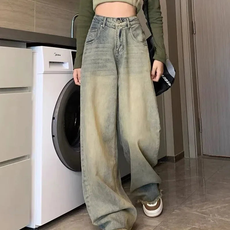 Hnewly  Y2K Rough Selvedge Wide Leg Jeans Women Korean High Waisted Baggy Denim Pants Woman Streetwear Vintage Jean Trousers