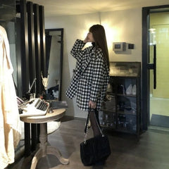 Hnewly  Women's Plus Size Warm Plaid Coat Loose Fit Thickened Quilted Mid Length Trench Style Blazer  Autumn