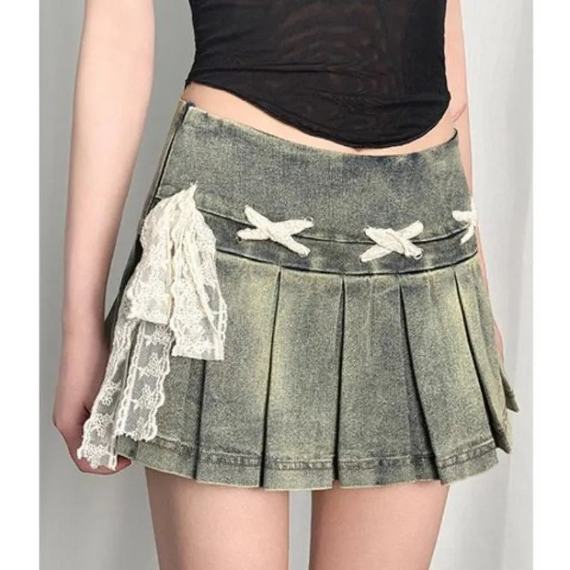 Hnewly  Bow Lace Up Blue Washed Denim Skirt for Women American Vintage Pleated A-line Skirts 2025 Summer New Faldas Sexy Mujer