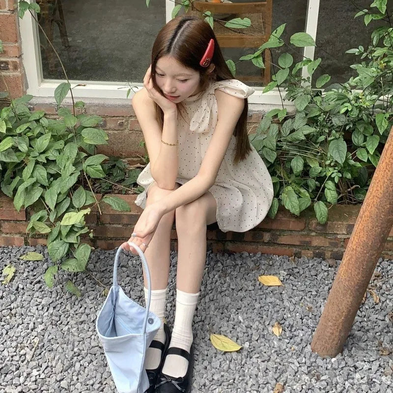 Hnewly  Bow Halter Lace Up Blouses Women Polka Dot Korean Tender Princess Style Sleeveless Tops Summer New Design Students Sweet Girls