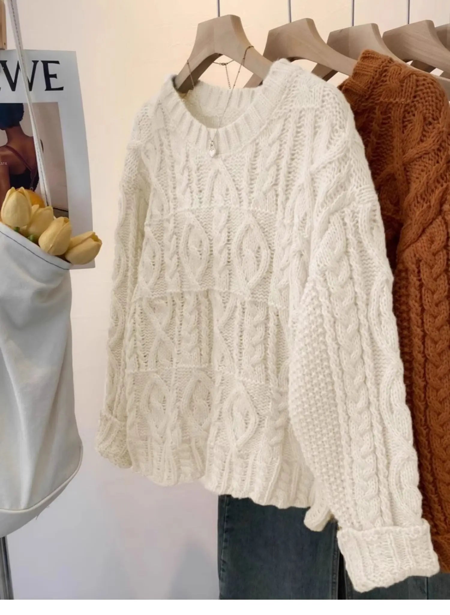 Hnewly  Chunky Knit Oversized Sweater Pullovers Women Loose Cable-knit Crewneck Sweater Jumper Teen-girl Granpa Style Y2K Outfit