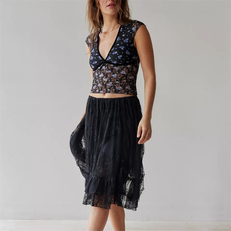Hnewly Sheer Crop Top 2000s Women Sexy See Through V Neck Sleeveless Floral Lace Tanks Slim Fit Vest y2k Aesthetic Clothing