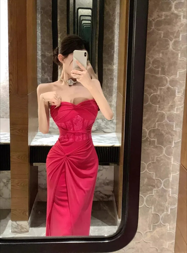 Hnewly  Dresses Women Sexy Lace Patchwork Strapless Slim Ruched Backless Temperament Cocktail Dress Party Female Fashion
