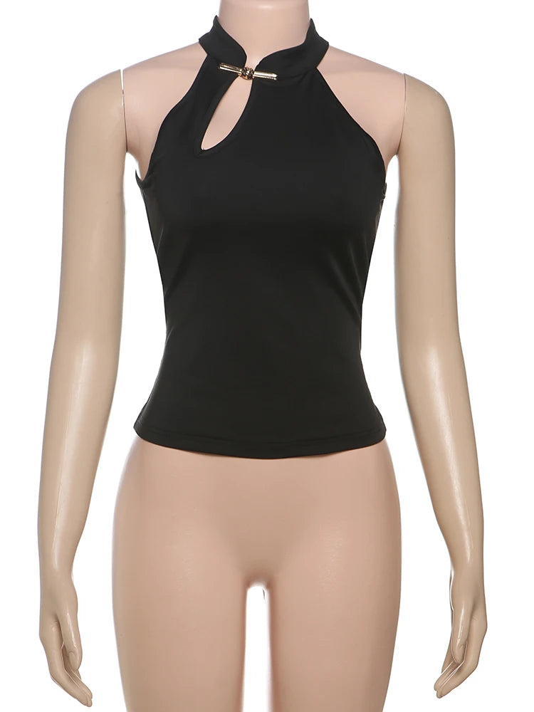 Hnewly  Cheongsam Buckle Tank Tops Women Y2K Summer Trend Basic Classic Hollow Solid Simple Street Stretch Daily Chic Vest