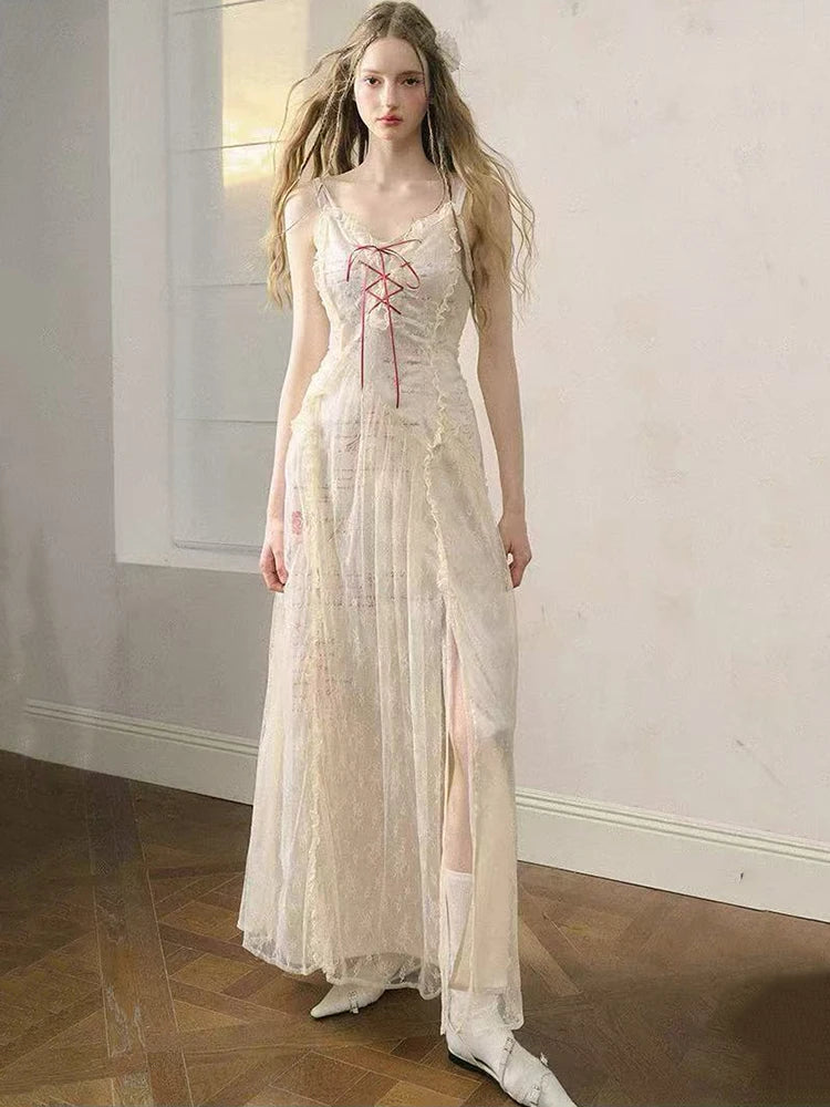 Hnewly Elegant Lace Patchwork Camis Dress Women Summer Sexy Backless Hollow Out Midi Dress Y2K Fashion Lace Up Streetwear Vestidos