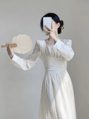 Hnewly  Vestidos Mujer White Solid Spring Summer Long Sleeve Korean Fashion Long Dress Elegant A-line Sweet Women Dresses