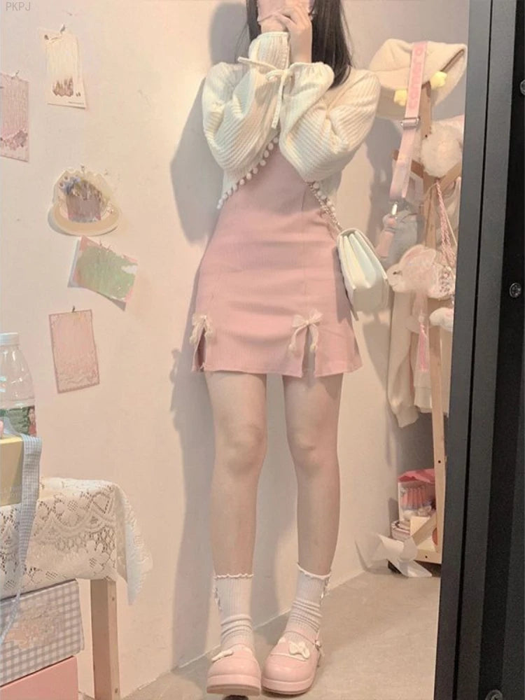 Hnewly Knitted Kawaii Lolita Two Piece Set Women Japanese Cute Sweet Dress Suit Female Korean Bow Pink Dress + Long Sleeve Coat