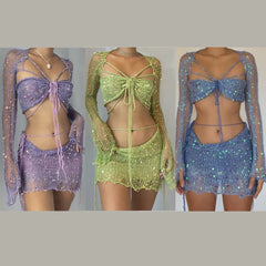 Hnewly  Crochet Knitted Dress Two Piece Skirt Sets Summer Women Clothes Sexy Crop Tops Elegant Knit Sequin Dress 2 Piece Set Outfit