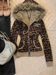 Hnewly  Streetwear Leopard Letter Printing Punk Jackets Women Y2k Aesthetic Furry Patchwork Hooded Coats Grunge Loose Vintage Jacket