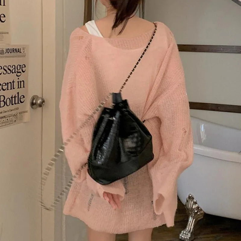 Hnewly Gothic Sweater y2k Clothes Women Solid Color Round Neck Long Sleeve Ripped Knitted Top 2000s Grunge Clothing Streetwear