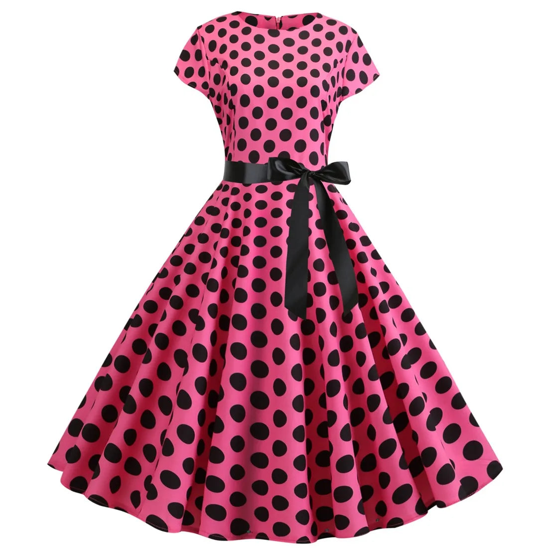 Hnewly  Summer Vintage Women's round Neck Cover Sleeve Polka Dot Maxi Dress with Black Silk Cotton Lined Cleanfit mid Waist Dress
