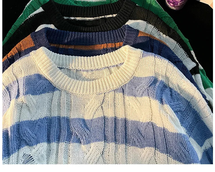 Hnewly  Women Striped Retro Knitted Sweater Spring Autumn Loose Versatile Pullover Casual Fashion Holes Round Neck Long Sleeved Top