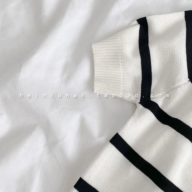 Hnewly  Vintage Stripe Knitted T-Shirt Women's Spring Summer New Fashion All-matched O- Neck Short Sleeve Slim Short Shirt Tops