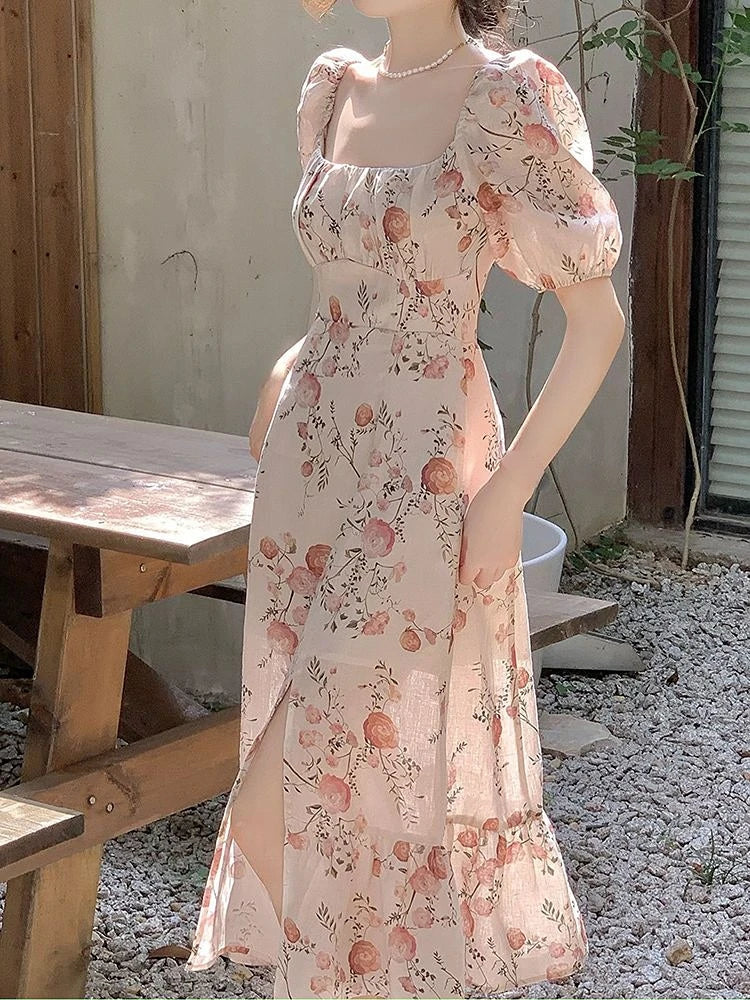 Hnewly DRESS TO IMPRESS French Elegant Vintage Dress Women Summer Short Sleeve Beach Style Floral Midi Dress Chic One Piece Dress Korea Women Party