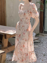 Hnewly DRESS TO IMPRESS French Elegant Vintage Dress Women Summer Short Sleeve Beach Style Floral Midi Dress Chic One Piece Dress Korea Women Party