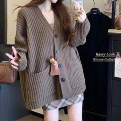 Hnewly  Oversized Cardigan Women Long Sleeve Pocket Front Button-up Rib Knit Sweater Jacket Teen-girl Autumn Winter Preppy Daily Outfit