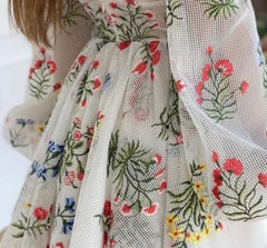 Hnewly  Elegant Lace Embroidery Design Lantern Sleeve Fairy Dress Birthday Party Gown Sweet Princess Style High Waist A-Line Skirt