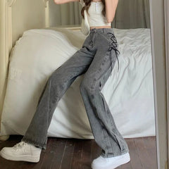 Hnewly  Korean Side Lace Up Design Pipe Pants Women Stylish Low Raise Gray Denim Full Pants Woman New Solid Straight Jeans Female