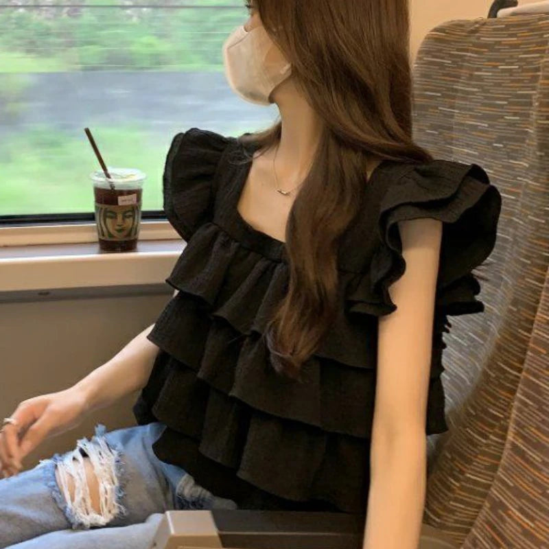 Hnewly Black Ruffles Blouses Women Kawaii Vintage Flying Sleeve Korean Style Personality Girlish Harajuku Streetwear Daily Summer Tops