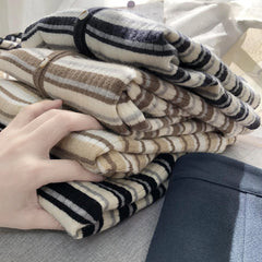 Hnewly  Women's Retro Striped Sweater Korean V-neck Contrasting Spring Autumn Long Sleeved Knitted Cardigan Coat  All-Matchded Loose Top