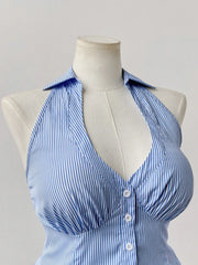 Hnewly  Oversized Women's Sleeveless Pleated Hem Casual Shirt Blue Striped Shirt V-Neck Beach Resort Backless