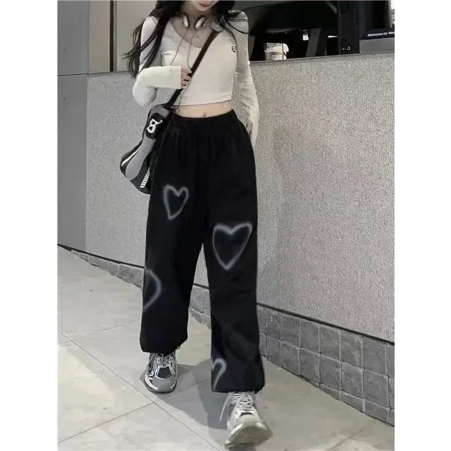 Hnewly White Heart Leggings Sports Pants for Women Autumn New Loose Bf Lazy Casual Pants Simple Sport Pants