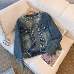Hnewly  Beading Denim Jacket Women's Spring Autumn New Loose Versatile Short Top Elegant O-neck Long Sleeved  Single Breasted Top