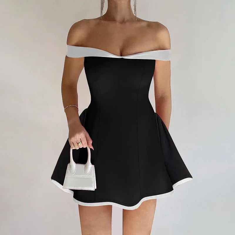 Hnewly  TARUXY Sexy Tube Top Gown Dress For Women Slim Contrast Color Mini Dresses Elegant Backless One-Shoulder Clothes Female Chic