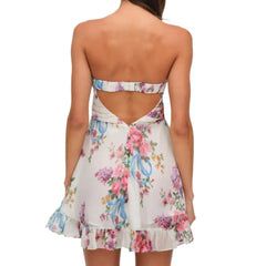 Lunivop  Ruched Chest Floral Print Strapless Mini Chiffon Dress Women Ruffles Hem Elastic Bandage Backless Holiday Dresses Robe