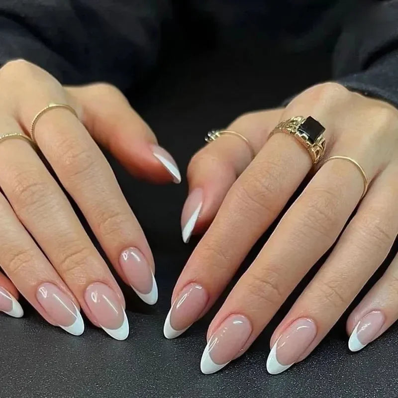 Hnewly 24Pcs Almond False Nails Cute Strawberries with French Design Simple White Wearable Fake Nails Decoration Press on Nail Tips Art