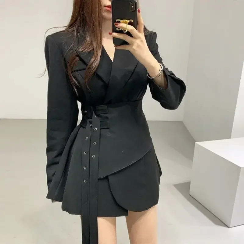 Hnewly Premium Spring Double Belt Black Suit Coat Women Thin Irregular Fake Two Piece Waist Slimming A-line Short Suit Dress for Women