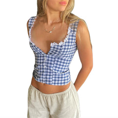 Hnewly Plaid Crop Top y2k Aesthetic Women Lace Trim Square Collar Button Down Sleeveless Tanks 2000s Clothing Streetwear