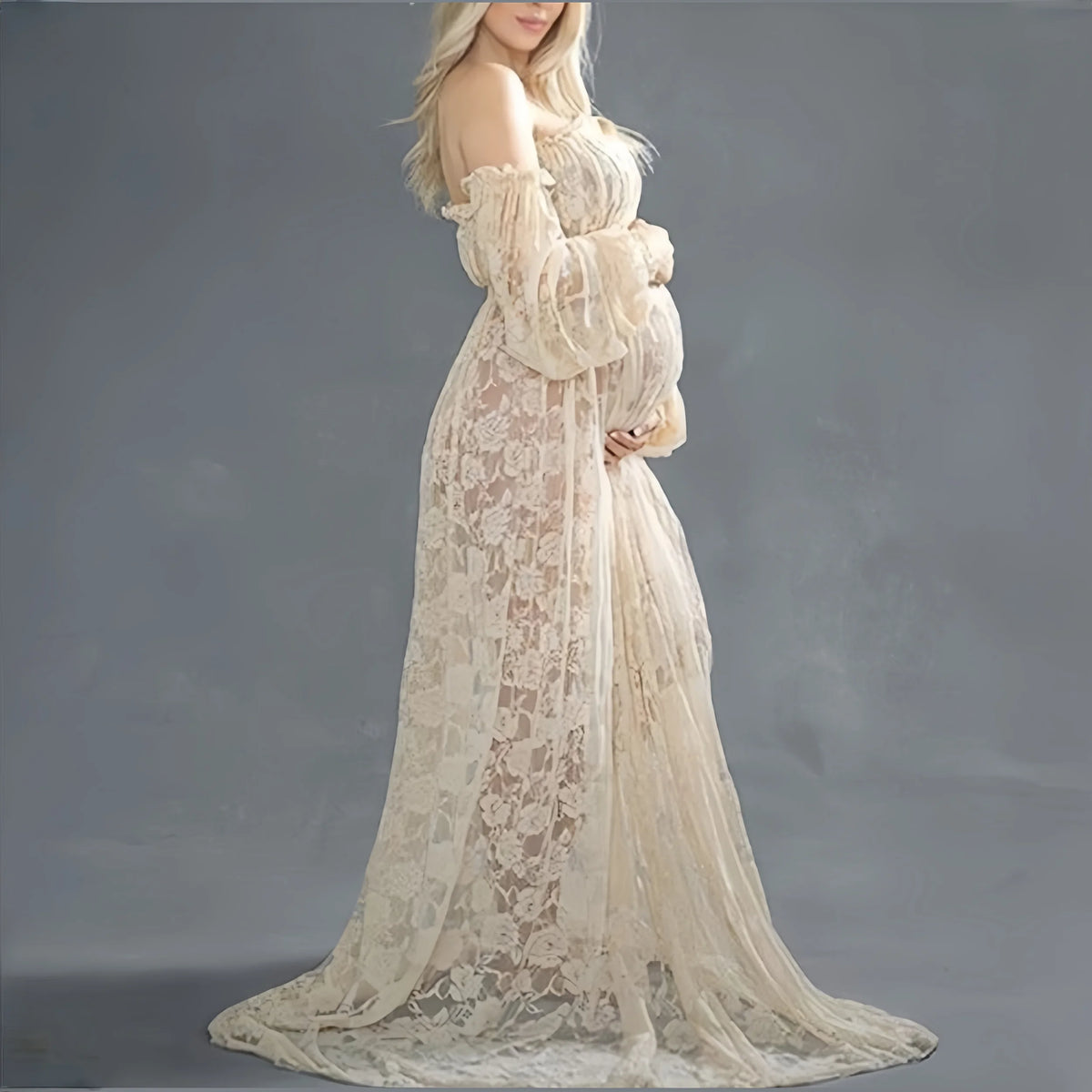 Hnewly  Summer Slash Neck Lace Maternity Pregnancy Photography Dresses Open Front Off-the Shoulder Pregnant Woman Photoshoot Dress