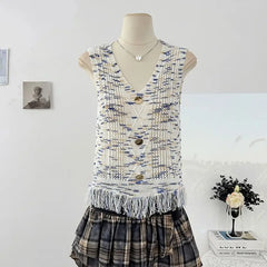 Hnewly  Retro Colored Striped Camisole Vest Women's 2025 New Summer New Sleeveless O-neck Knitted Shirt Elegant Hollow Out Short Top