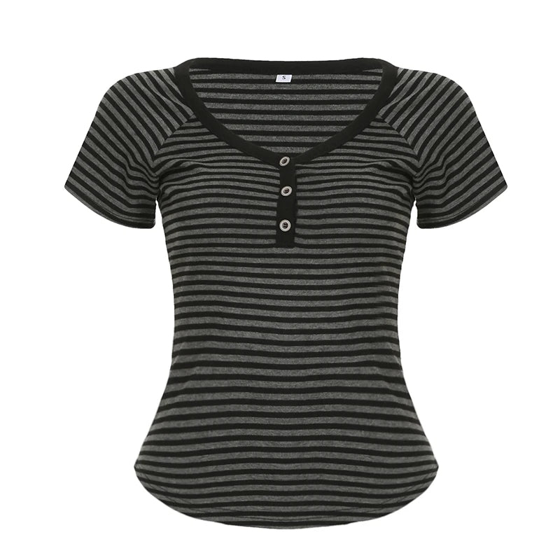 Hnewly Harajuku Striped Print Crop Top Summer Vintage 2000s Button-up V Neck Short Sleeve T-shirts for Women y2k Streetwear Tees