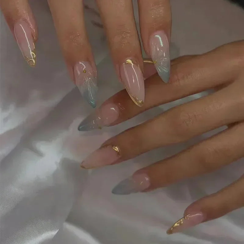 Hnewly 24Pcs French Gold Edge Wearable Almond Press on Fake Nails Simple Pearl Decoration False Nails with Glue Full Over Manicure Tips