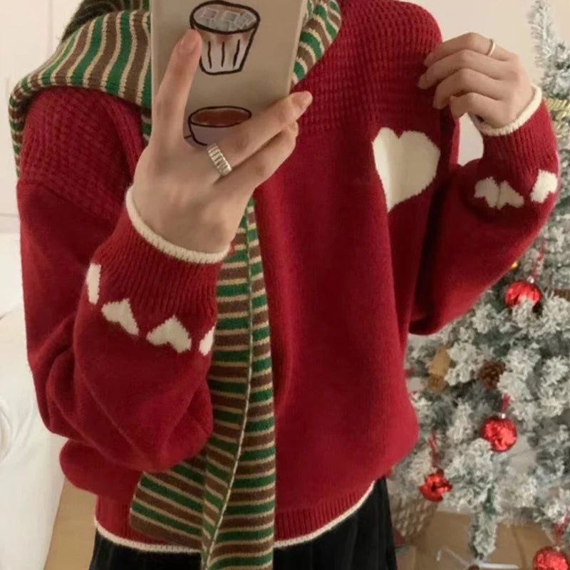 Hnewly y2k Sweaters Women Christmas Clothes Heart Print Round Neck Long Sleeve Knitted Pullover Tops 2000s Aesthetic Clothing