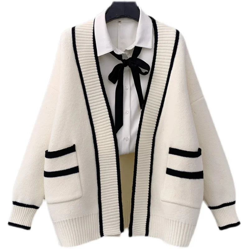 Hnewly  Varsity Cardigan Sweater for Women Open Front Slouchy Knitted Sweater Jacket Cardi Collaege Student Girl Fall Winter Outfit