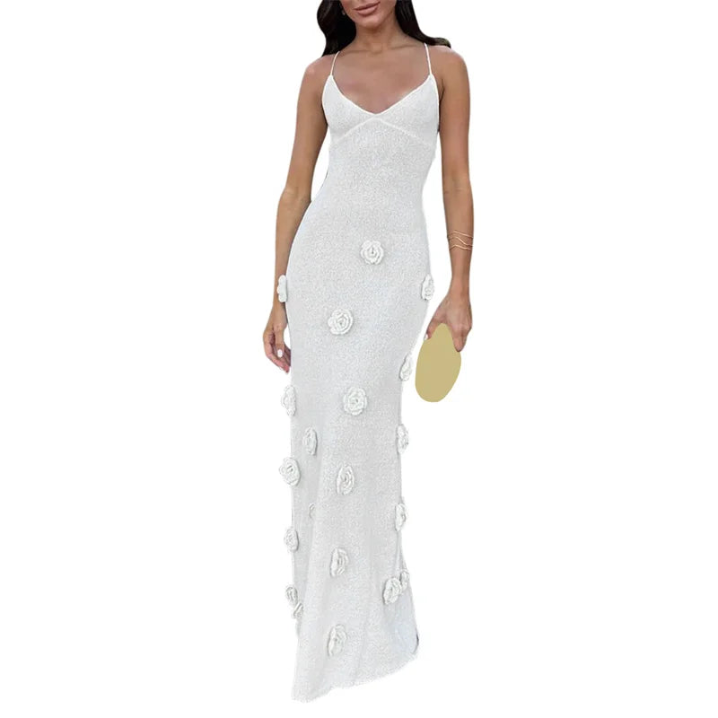 Hnewly Beach Dress Wear Women Summer 3D Flower Spaghetti Strap Sleeveless Backless Long Dresses Knitted Party Dresses