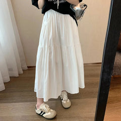 Hnewly  Summer White A Line Skirt Women Korean Fashion Elastic Waist Pleated Long Skirt Woman Solid Color Pocket Mid Skirts Feamle