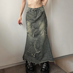 Hnewly  Y2k Patchwork Denim Long Skirt Women Retro Slim Ripped Mid-Waisted Mermaid Hem Skirts Fashion Tassel Irregular Skirt